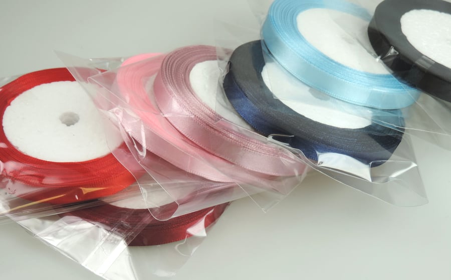 10mm Wide Satin Ribbon, 25 yards or 22m Single faced, 7 Colours, Crafts, Gifts, 