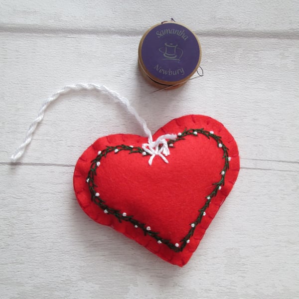 Hand Embroidered Red Felt Heart Christmas Tree Decoration, Scandi Heart