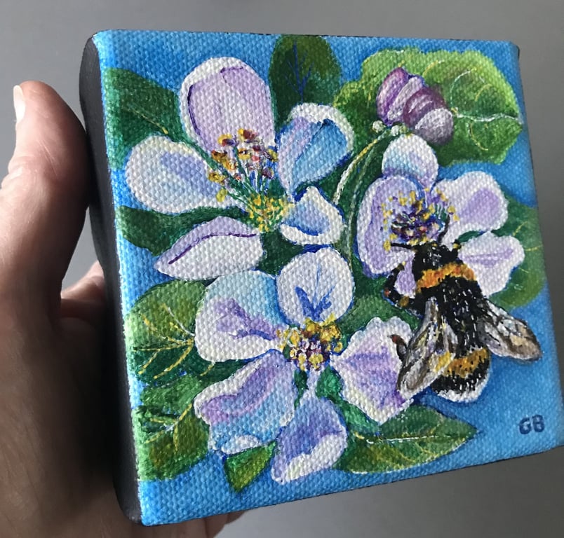 'Bumble Bee & Blossom', Original Acrylic Painting, Shelf-Sitter Art, Art Gift