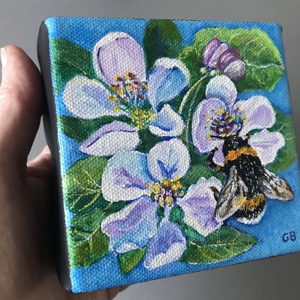 'Bumble Bee & Blossom', Original Acrylic Painting, Shelf-Sitter Art, Art Gift