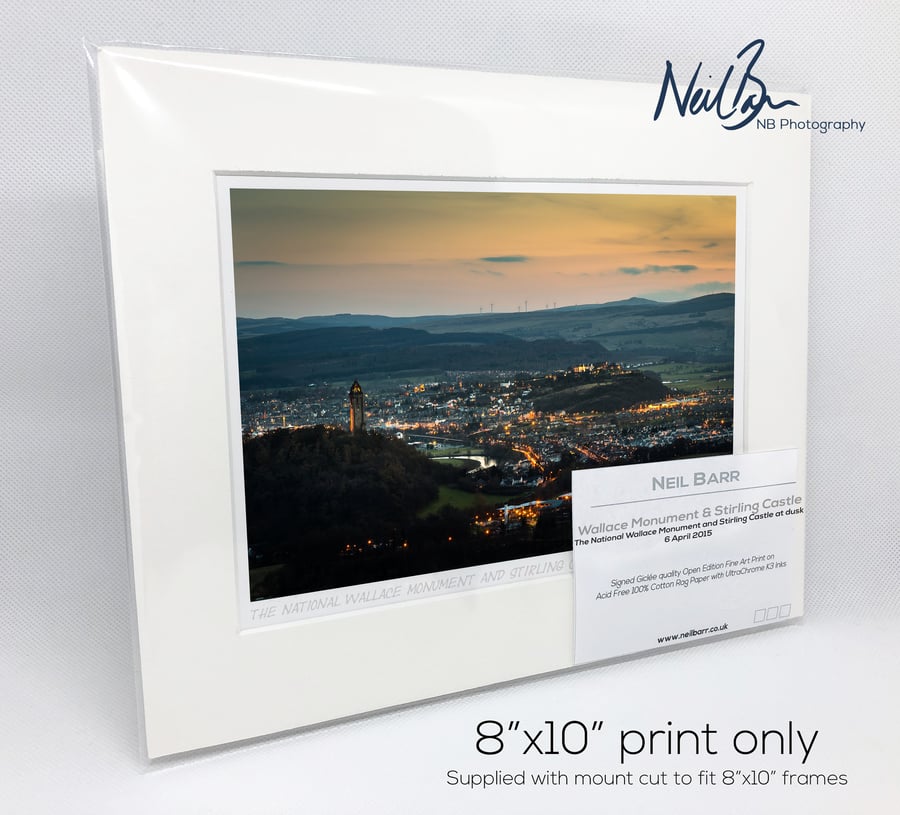 National Wallace Monument & Stirling Castle at dusk - A5 (10"x8") Unframed Print