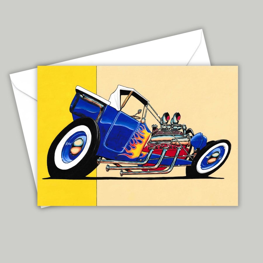Flamin' American Hot Rod Car Greetings Card, For Classic Car Lovers