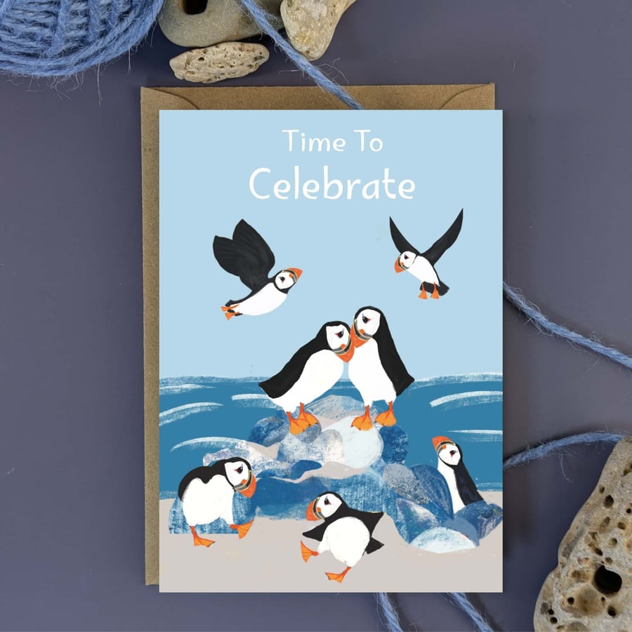 Birthday Celebration Card  different occasions -  Puffin coastal illustration