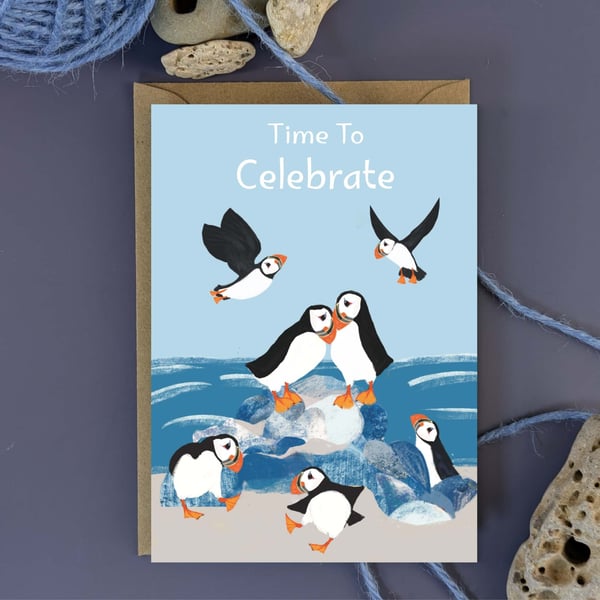 Birthday Celebration Card  different occasions -  Puffin coastal illustration