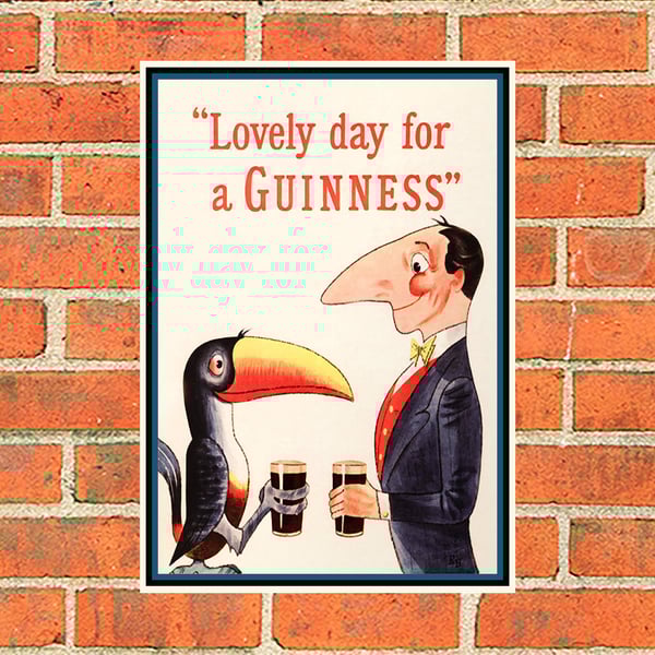 Guinness metal sign. Toucan and man with Guinness. 