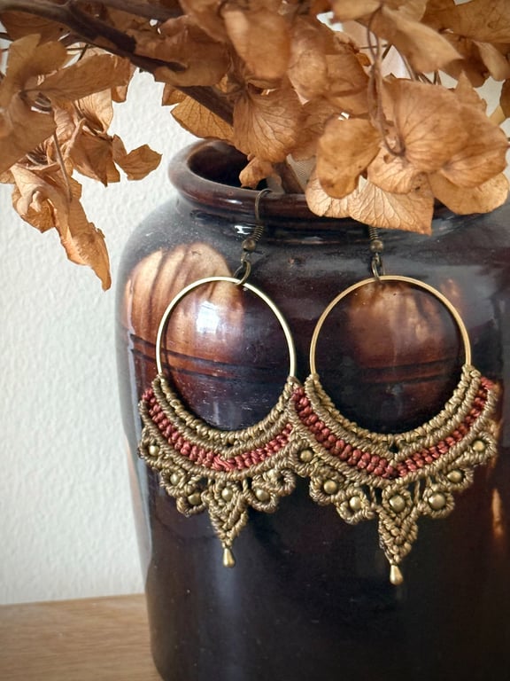 Bohemian macrame Hoop earrings inc Free UK delivery (olive green and brown)