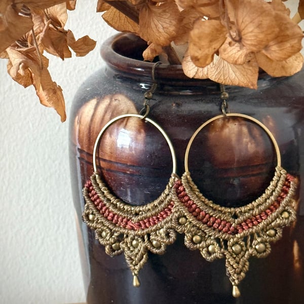 Bohemian macrame Hoop earrings inc Free UK delivery (olive green and brown)