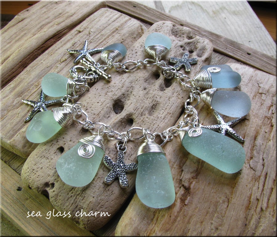 Natural sea glass 'hidden heart' charm bracelet
