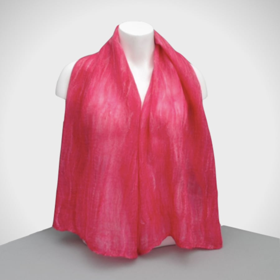 Bright pink nuno felted silk scarf in a gift box