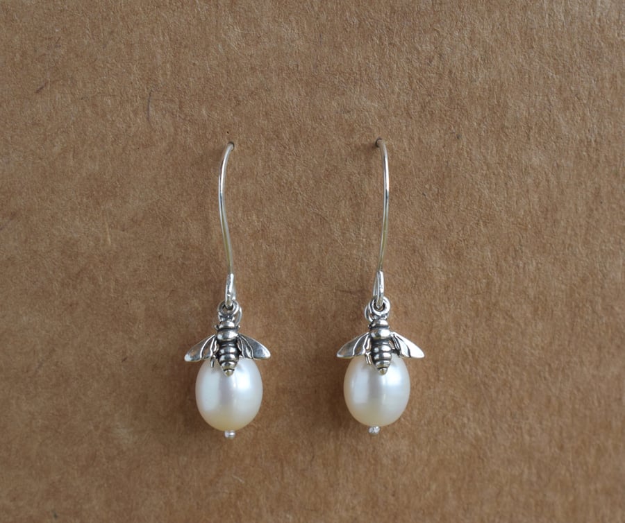 Bee Charm and Pearl Drop Earrings - Sterling Silver Gift Jewellery