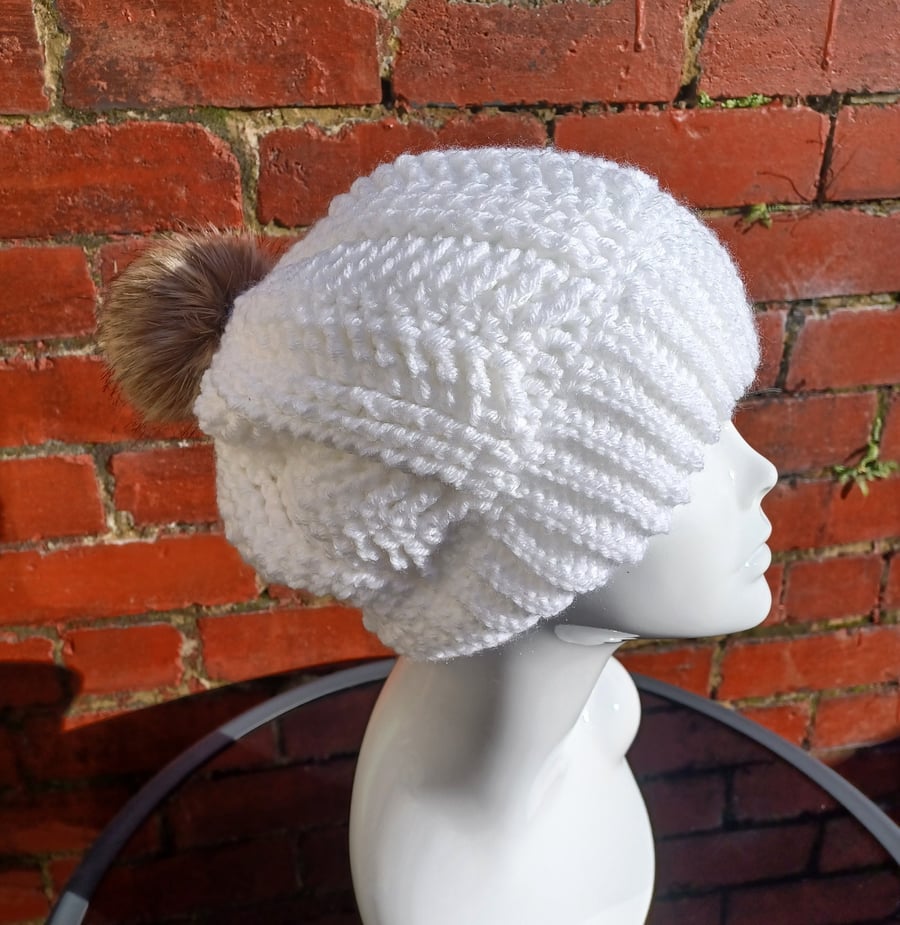 Chunky white winter hat with fur pompom Slouchy beanie 