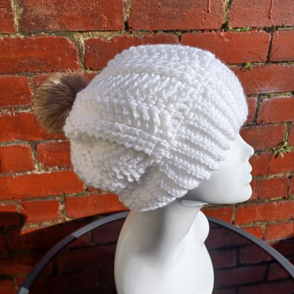 Chunky white winter hat with fur pompom Slouchy beanie 