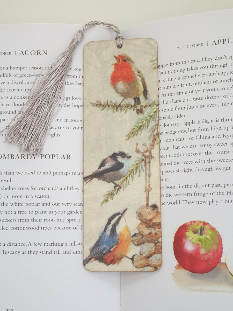 Garden birds bookmark, wooden bookmark, gift for a bird lover 