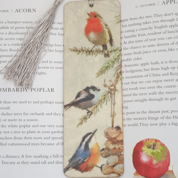 Garden birds bookmark, wooden bookmark, gift for a bird lover 