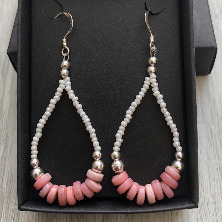 SALE.. Pink and white beaded drop earrings. Sterling silver.