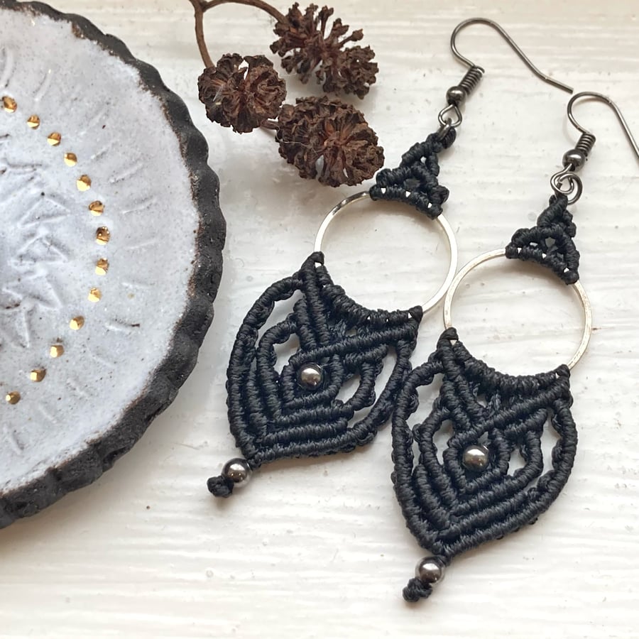Boho Black Silver Macrame Hoop Earrings, Folksy