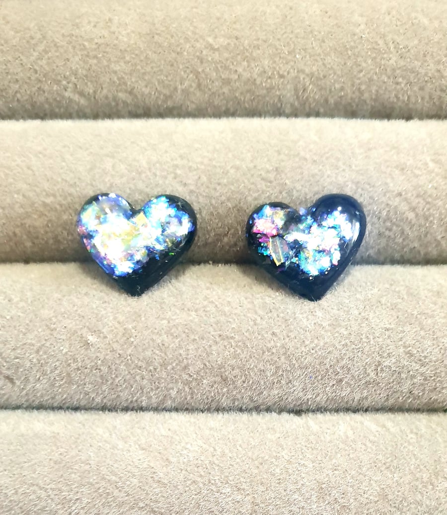 Small black iridescent glitter heart stud earrings