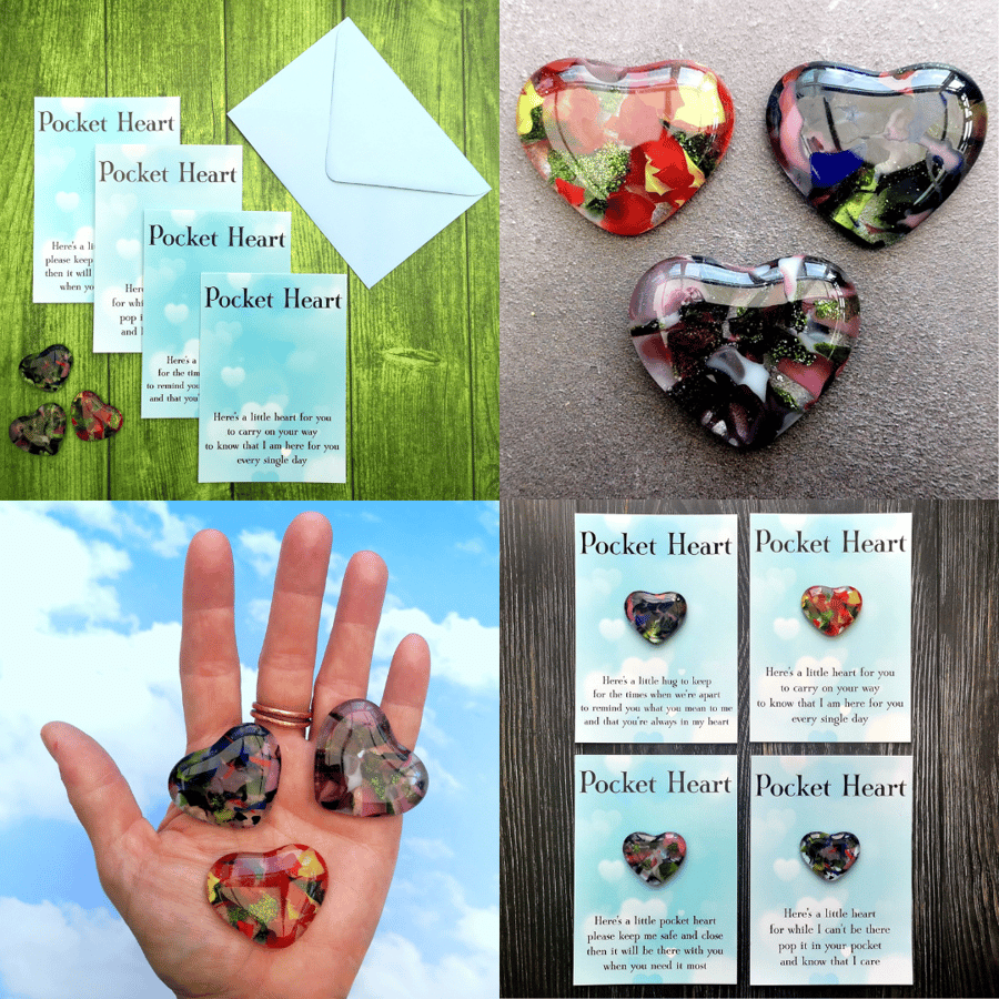 Handmade Fused Glass Pocket Heart - On postcard with envelope - 4 variations