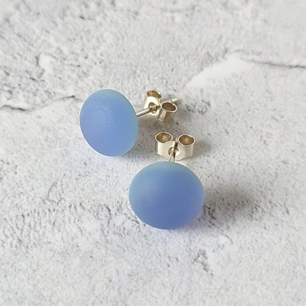 Lavender blue glass stud earrings, sterling silver fittings