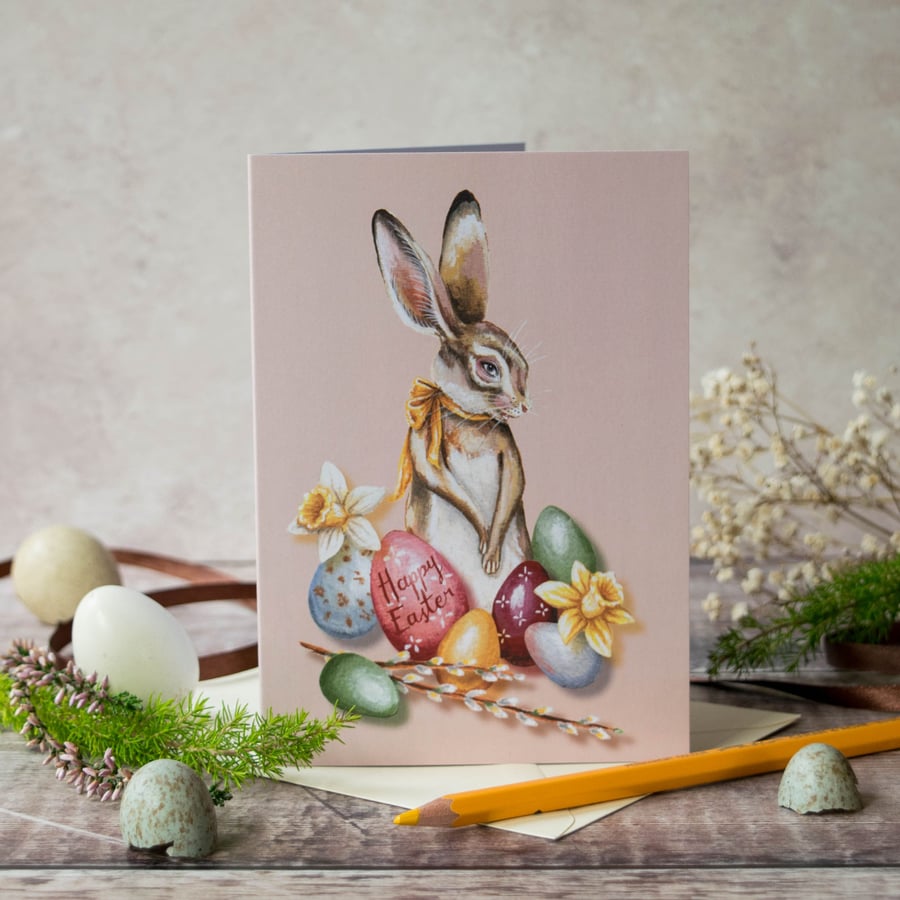 Easter bunny note card. A6. Vintage style Easter card. Easter rabbit