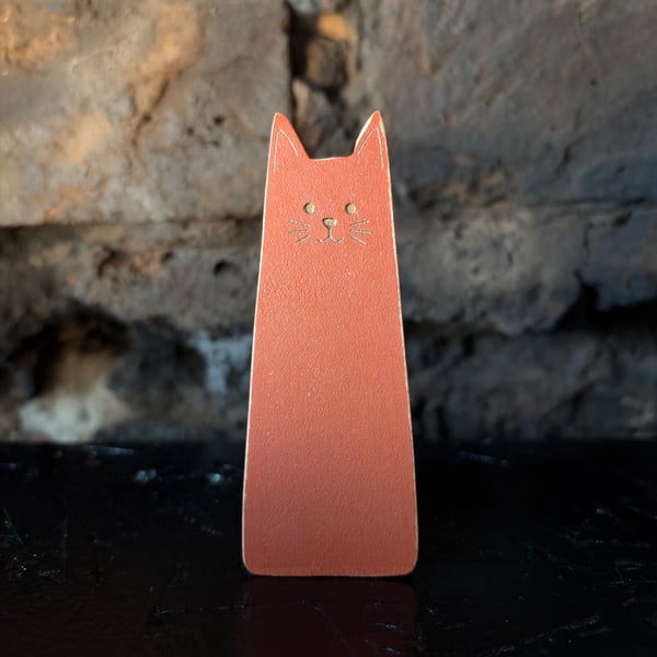 Tall Wooden Brown Cat Shelf Sitter – Handmade Maple Cat Decoration