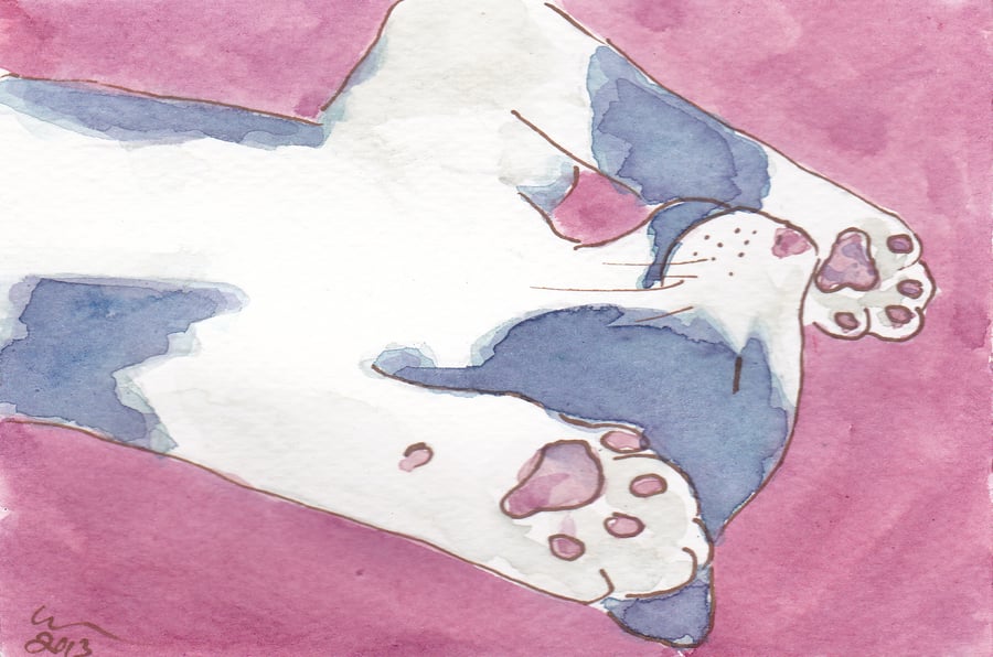 OSWOA Kitten Unwind Original Watercolour & Ink Painting 4x6 OOAK Cat