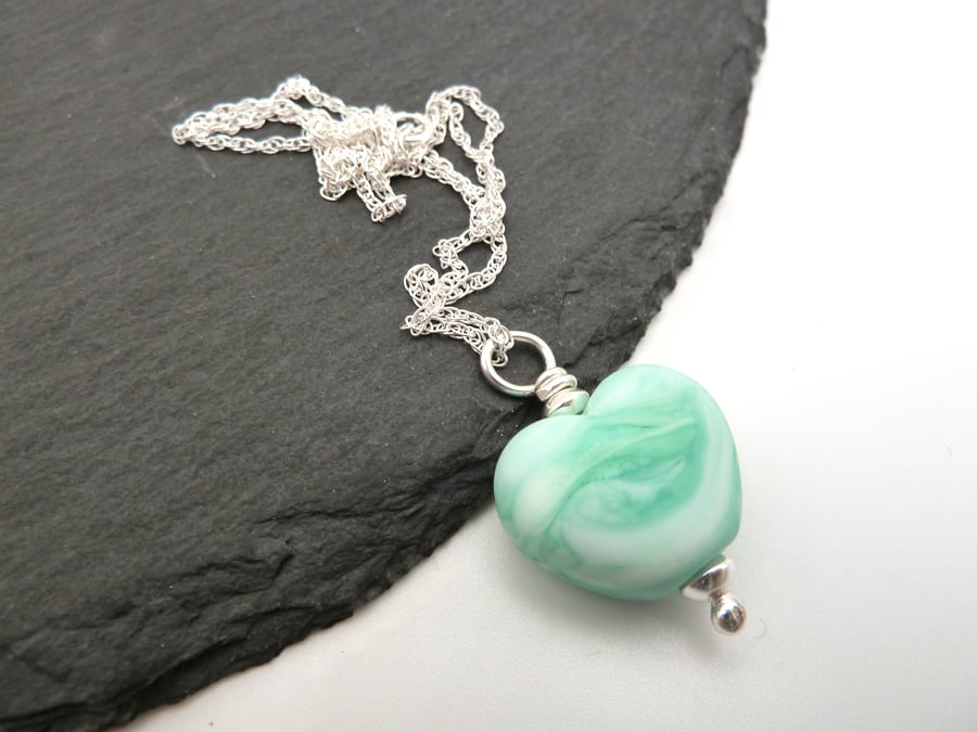 sterling silver chain, lampwork glass heart necklace