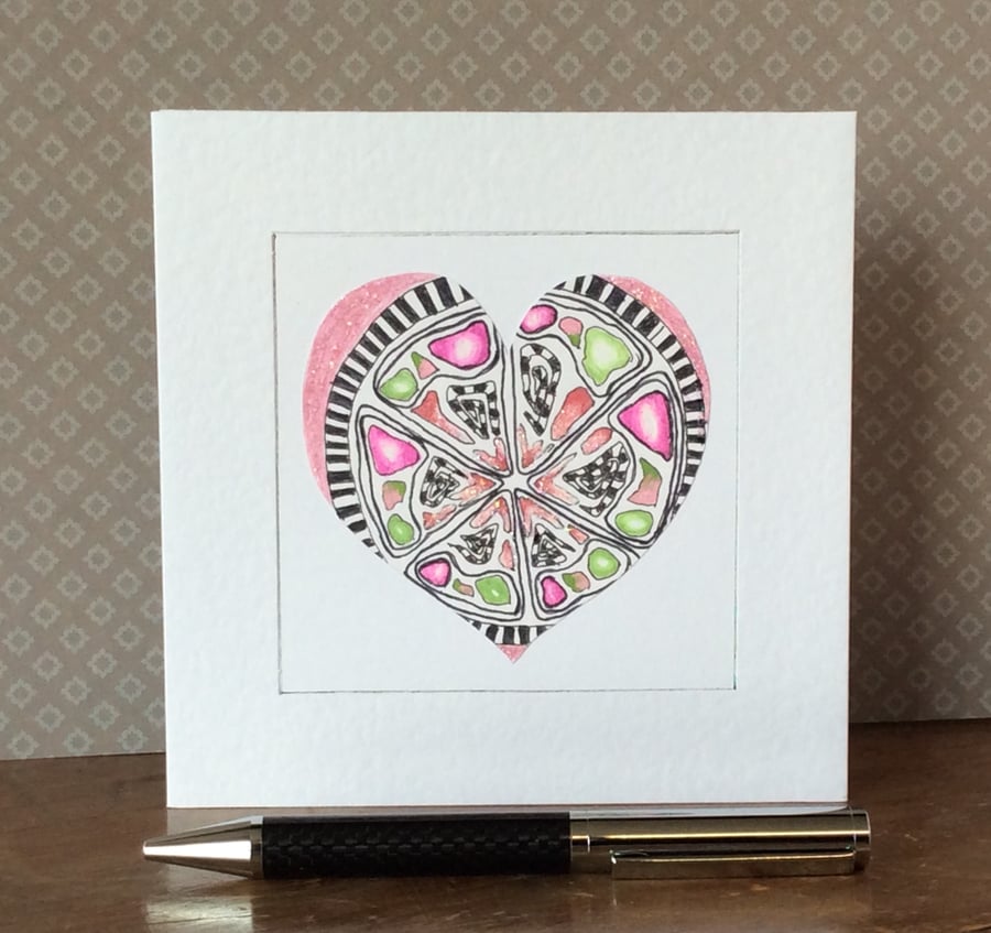 Pink patterned hand painted heart Art Card. 