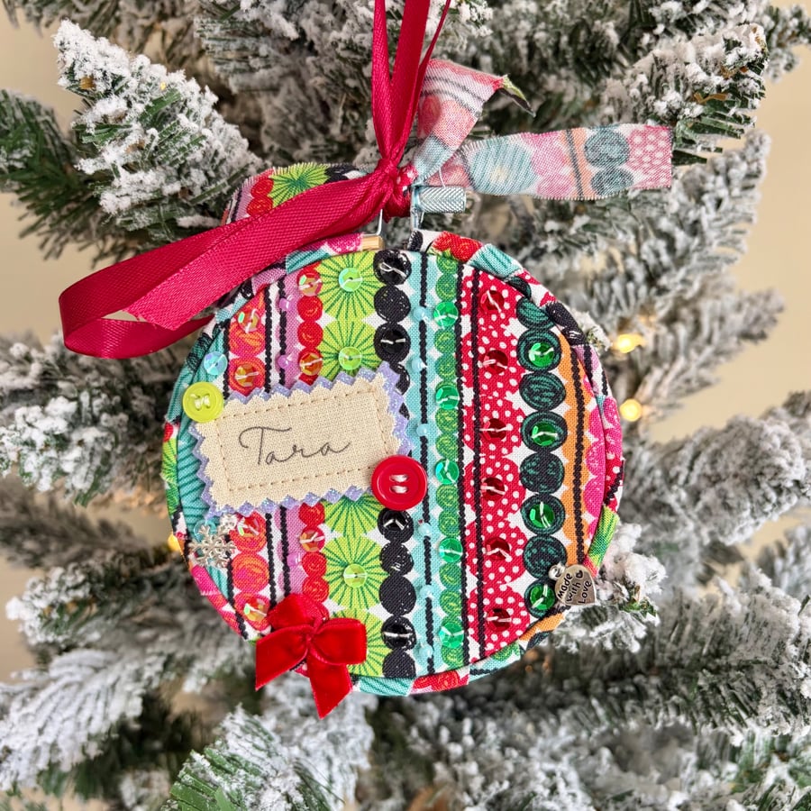 Personalised Colourful Stripe Bauble - Tara Name Hoop - Handmade Sequin Ornament