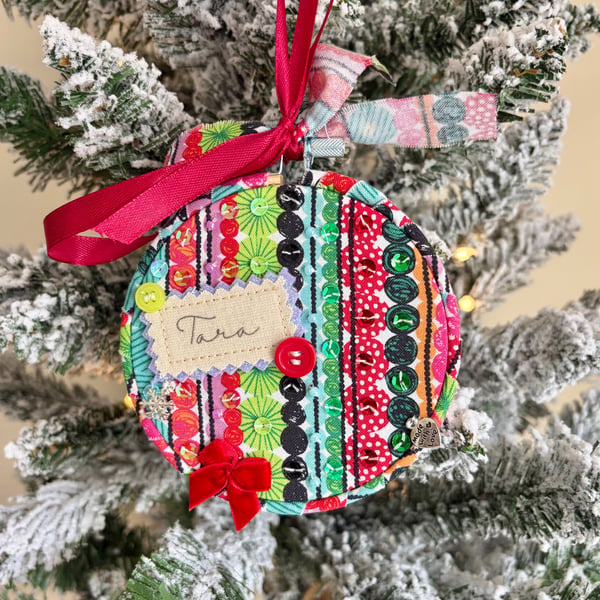 Personalised Colourful Stripe Bauble - Tara Name Hoop - Handmade Sequin Ornament