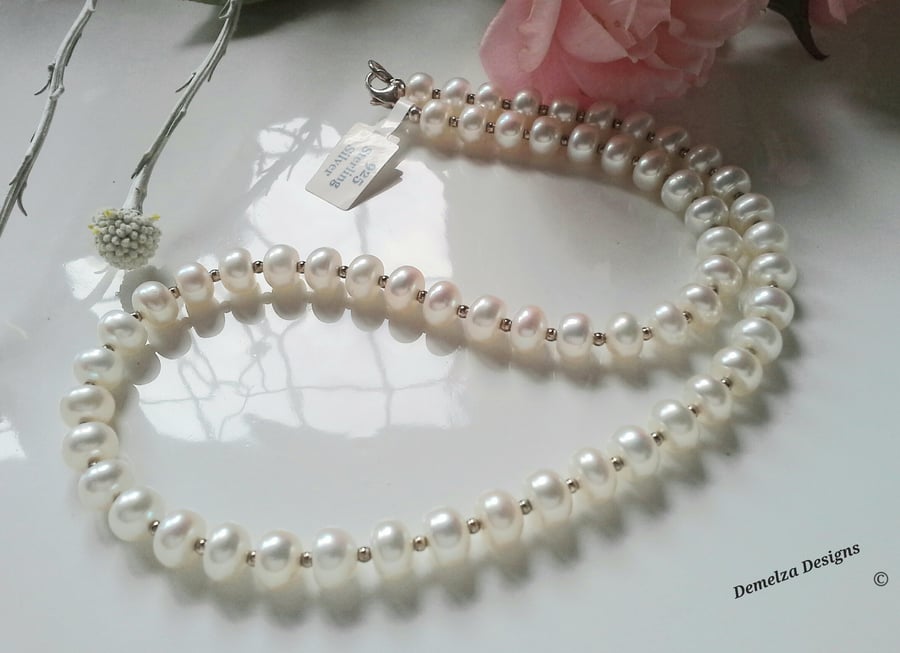  White Quality Freshwater Button Pearl Sterling Silver Necklace