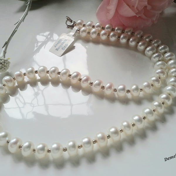  White Quality Freshwater Button Pearl Sterling Silver Necklace