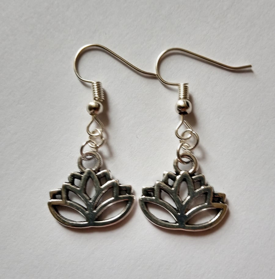Silver Plate Lotus Flower Zen Tao Charm Earrings