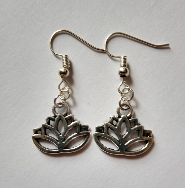 Silver Plate Lotus Flower Zen Tao Charm Earrings