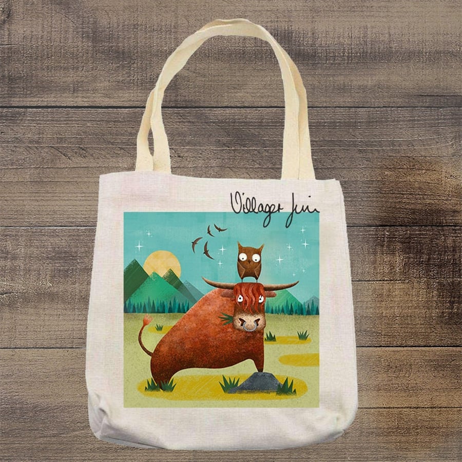 Jimbo the Bull and Millie the Little Owl - Highland Cow Tote Bag