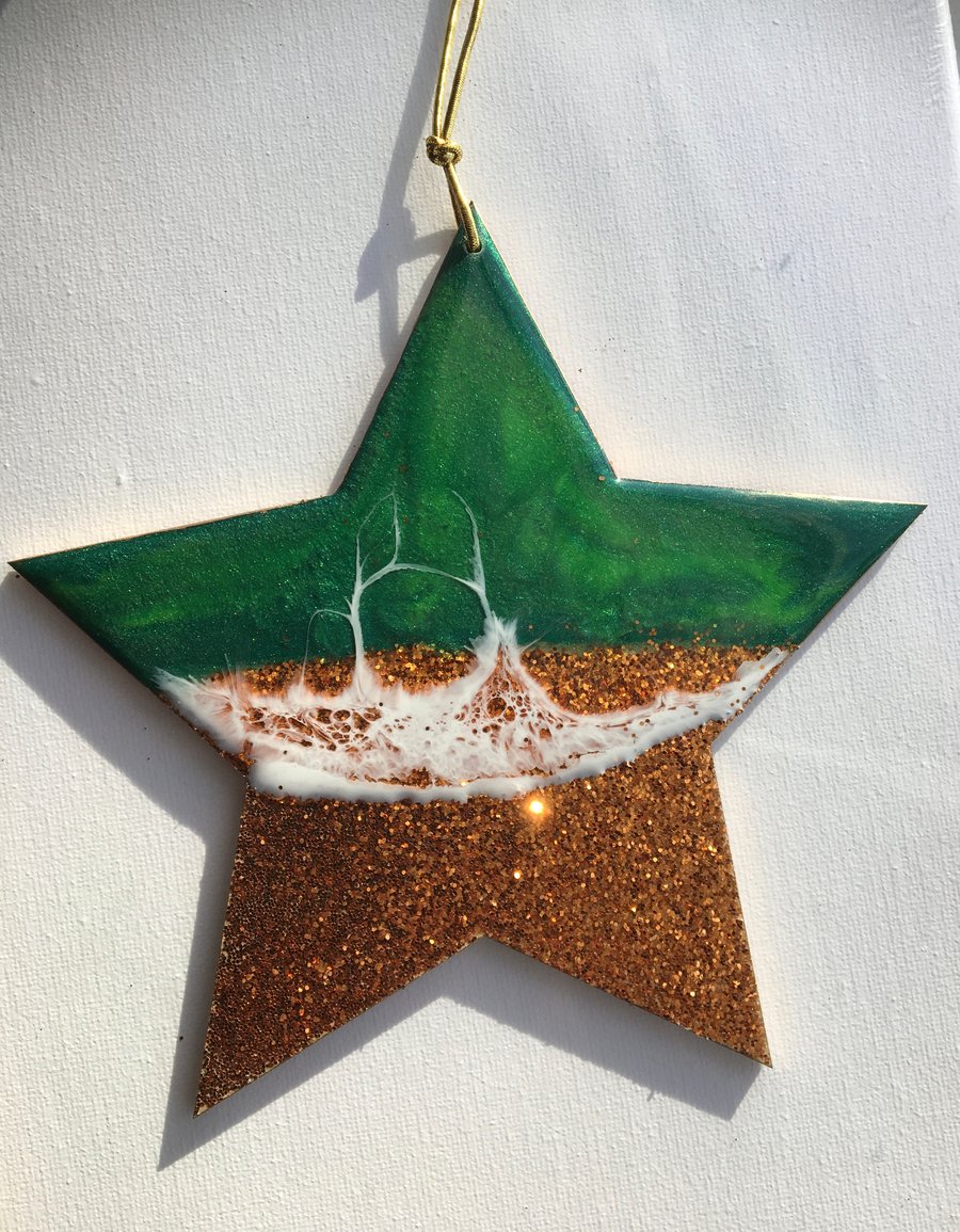 Christmas decoration, ornament, abstract, coastal, star, green, copper glitter  