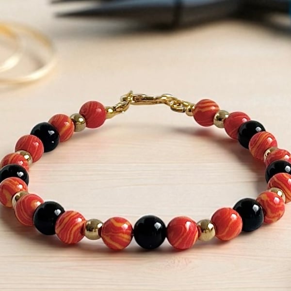 Orange Striped Jasper and Black Onyx Gemstone Bracelet