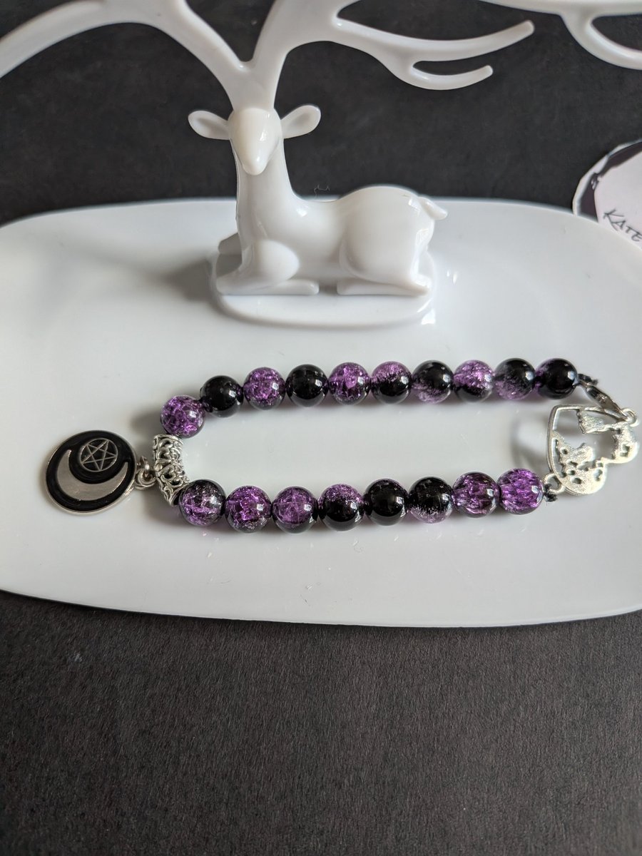 Purple&black beaded bracelet with moon and star