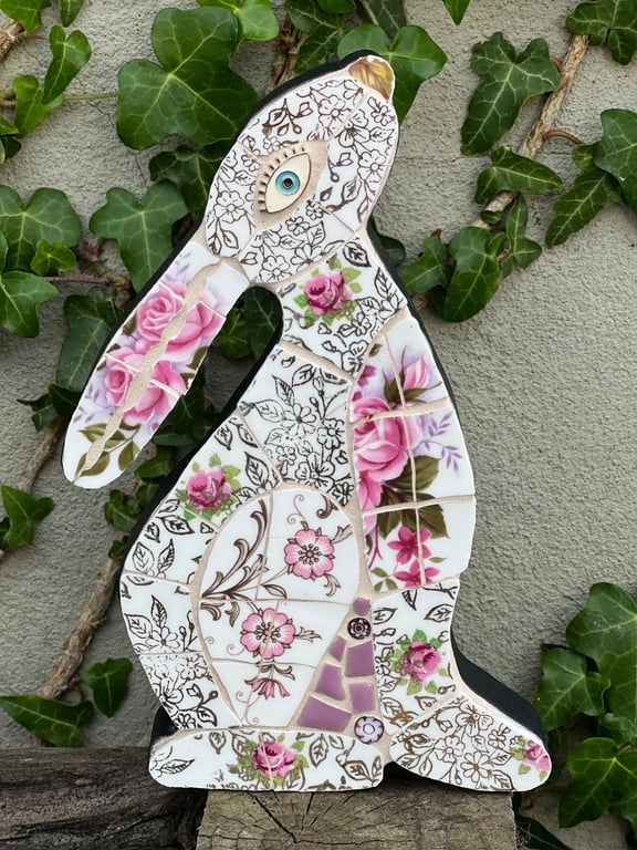 Mosaic Moon Gazing Hare, Made with Vintage china, Ceramic Mosaic Art