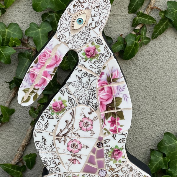 Mosaic Moon Gazing Hare, Made with Vintage china, Ceramic Mosaic Art