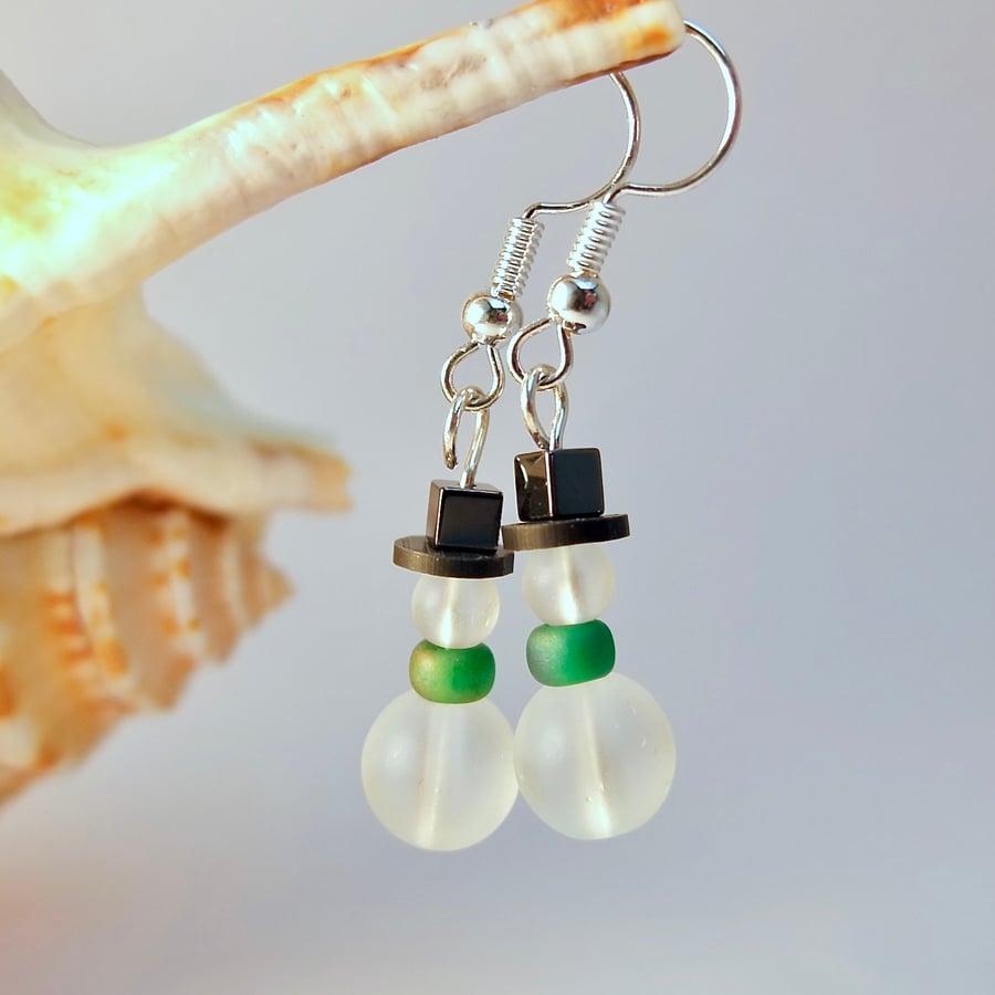 Christmas Snowman Earrings, Frosted Glass, Stocking Filler, Secret Santa Gift