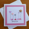 Thinking of You Card - Flowers, Hearts and Sequins - Pink