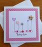 Thinking of You Card - Flowers, Hearts and Sequins - Pink
