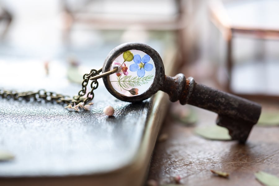 Antique Key Necklace with Real Flowers