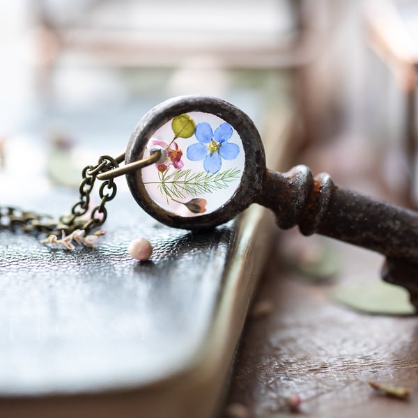 Antique Key Necklace with Real Flowers
