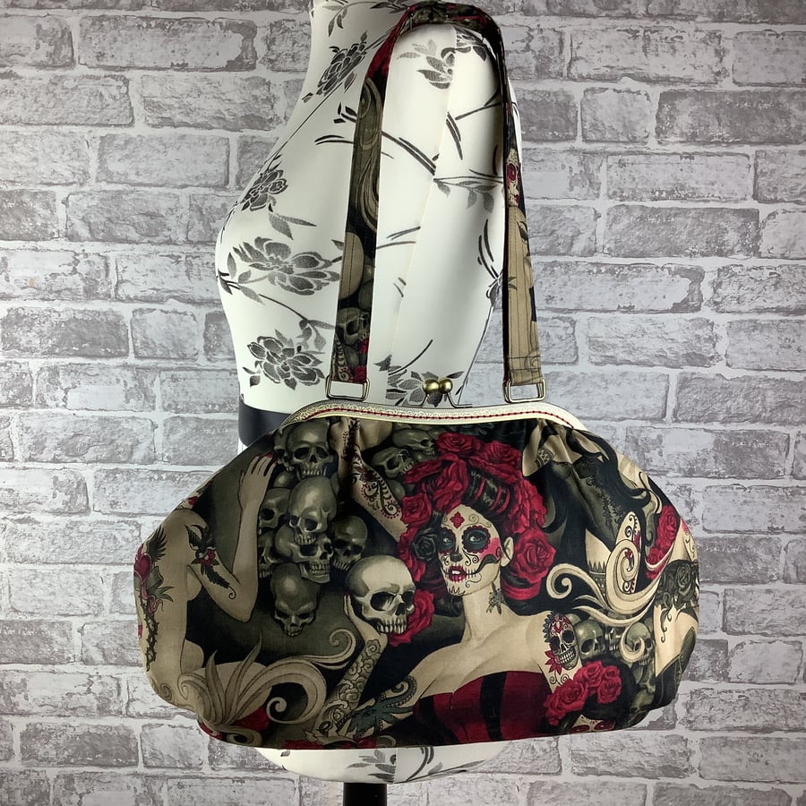 Day of the dead large fabric frame bag, Gothic kiss clasp shoulder bag
