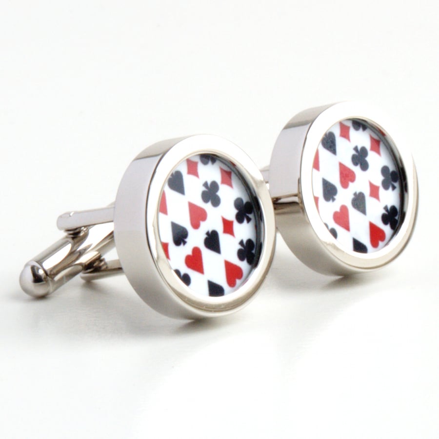 Playing Card Cufflinks - Black and Red Pattern of all the Card and Poker Suits