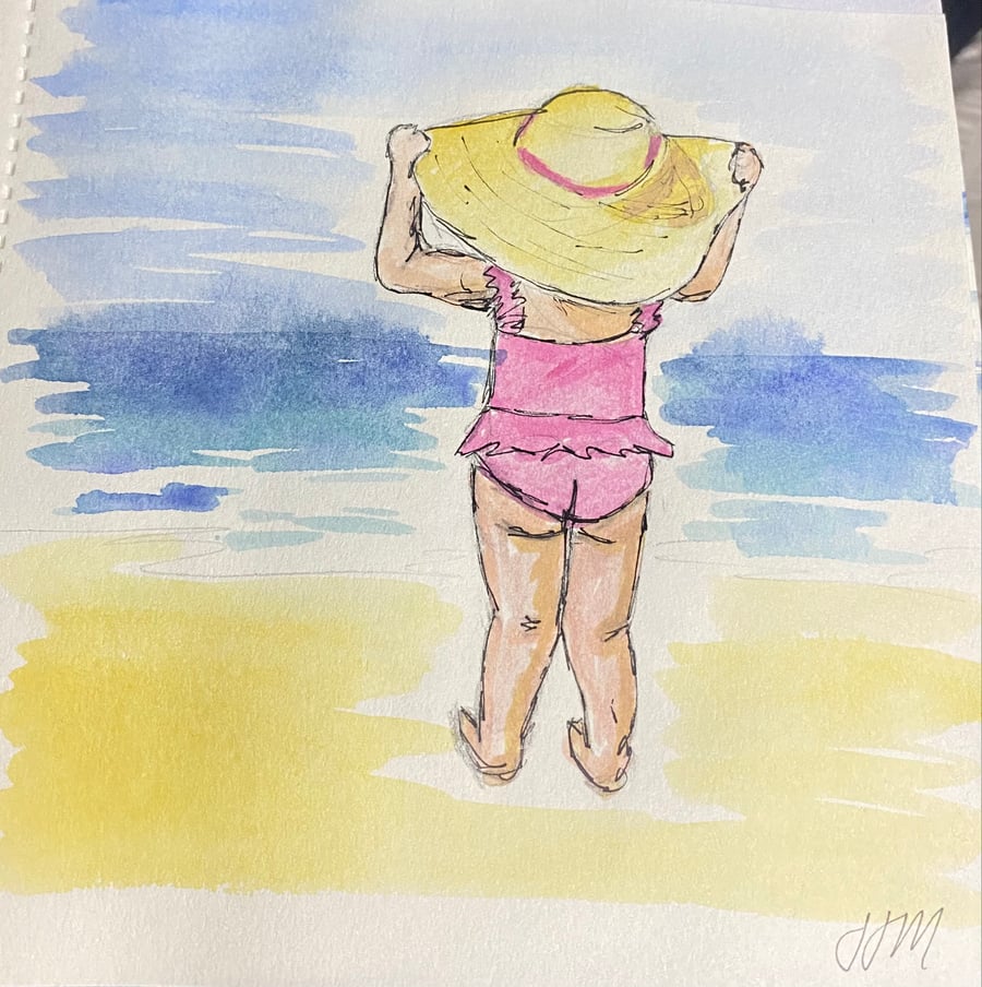 Beach watercolour and ink 15cmx15cm