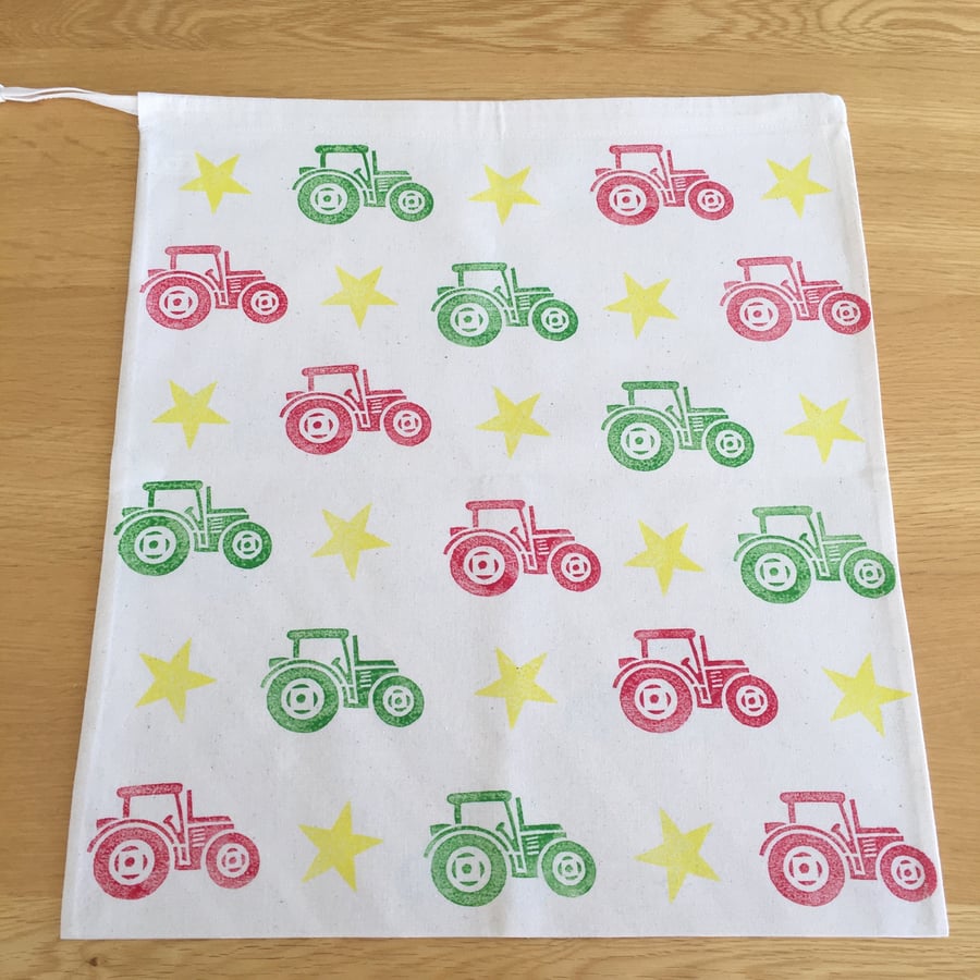 Large Hand Block Printed Cotton Drawstring Bag - Tractors and Stars 