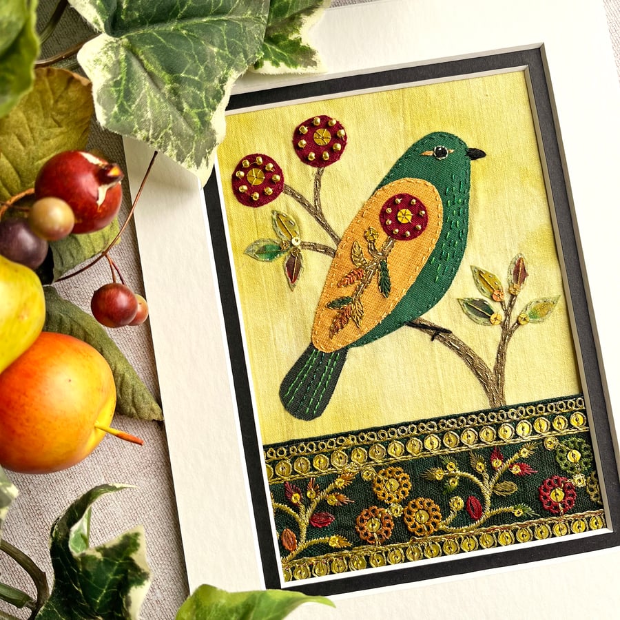 Textile picture of bird and flowers, fabric art, gift for bird lover, folk bird 